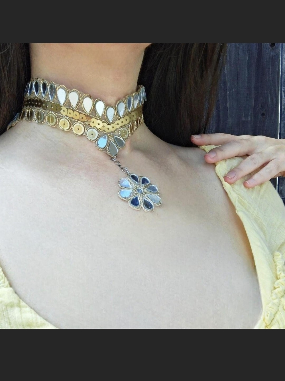 Handmade Gold Floral Mirror Choker Necklace - Women's Jewelry - Picture 2 of 8